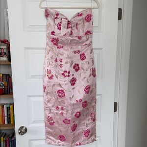 Vici Strapless Pink Floral Embroidered Midi Dress